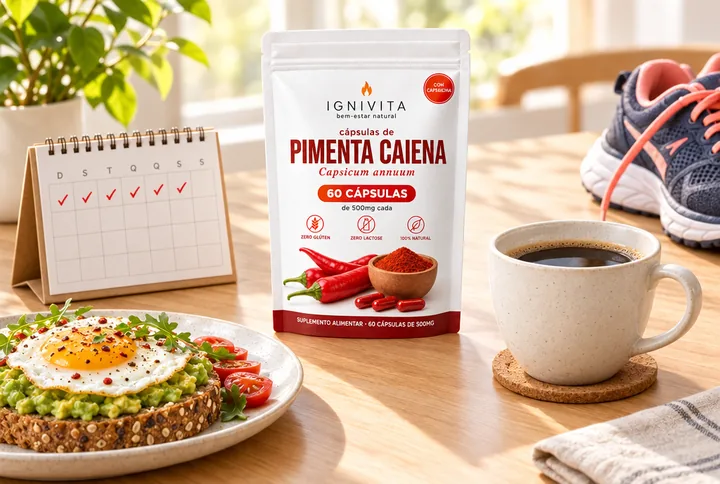 Pacote de Ignivita na mesa do café da manhã com calendário