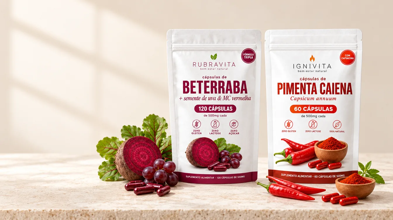 Pacotes de Rubravita e Ignivita com beterraba, uvas e pimenta caiena