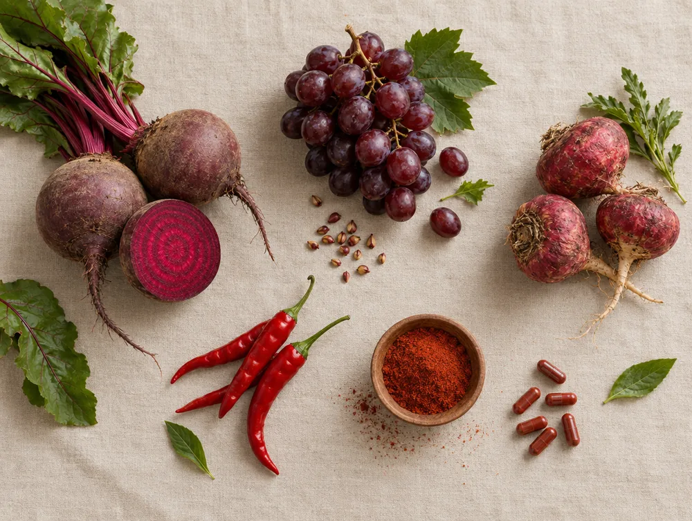 Beterraba, uvas, maca vermelha e pimenta caiena
