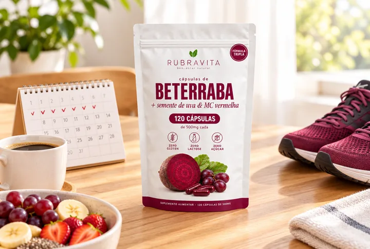 Pacote de Rubravita na mesa do café da manhã com calendário